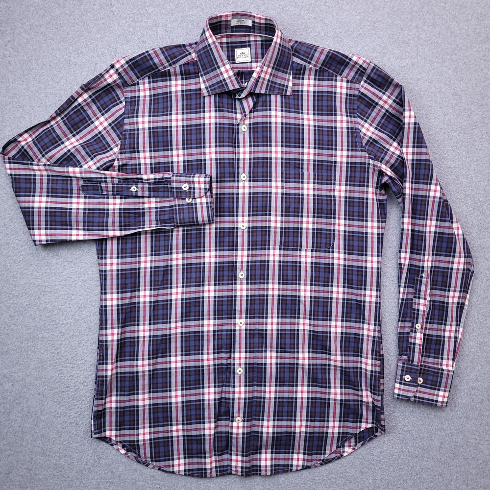 Peter Millar Button Up Shirt Sz Medium Long Sleeve Blue Plaid Cotton Mens